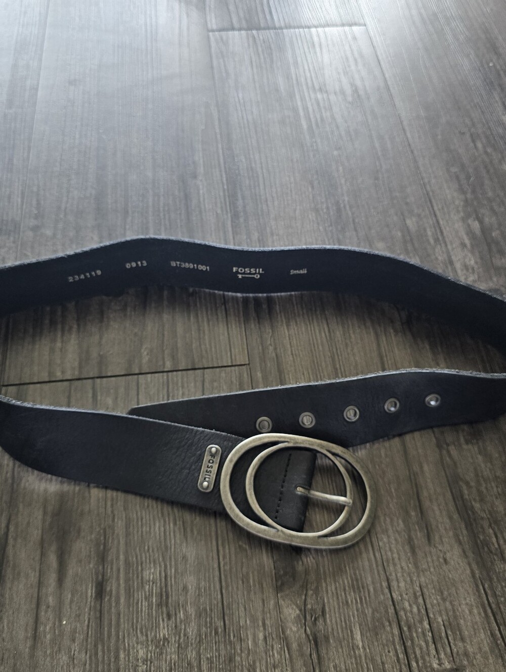 Fossil Women's Black Leather Belt Double Oval Silver Metal Buckle Small